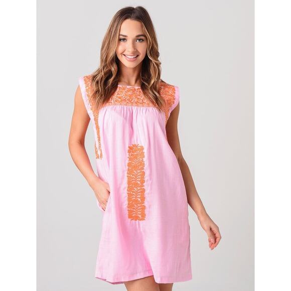 J.Marie Women's Embroidered Pink & Orange Short Linen Blend Swing Dress, Size Sm - Picture 1 of 13